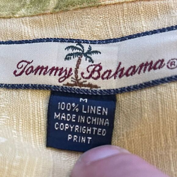 Tommy Bahama Gold-Green-Yellow Tropical Graphic SS 100% Linen Soft Shirt Medium - Picture 2 of 6
